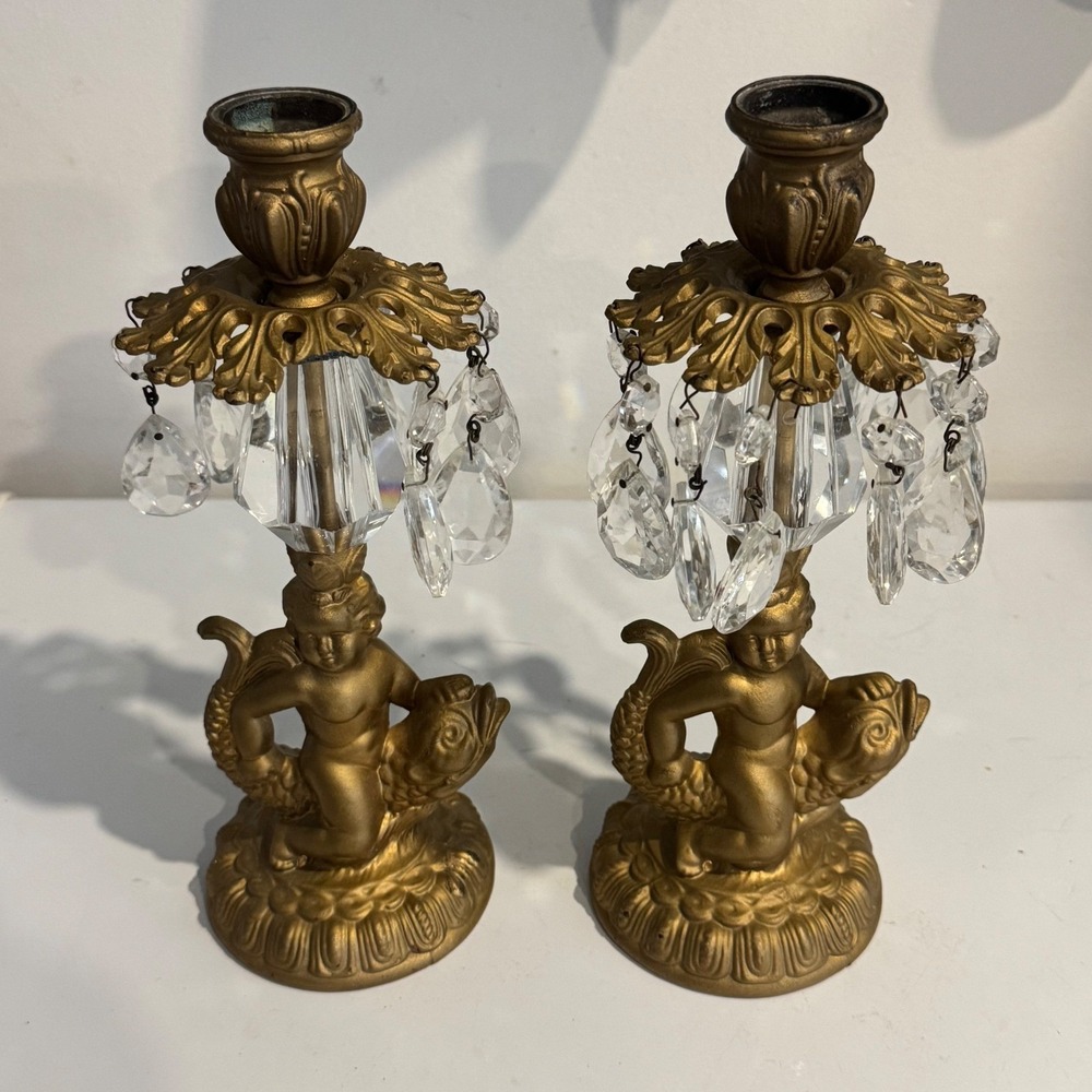 Vintage Hollywood Regency Brass Cherub Koi Fish Candlestick Pair - READ